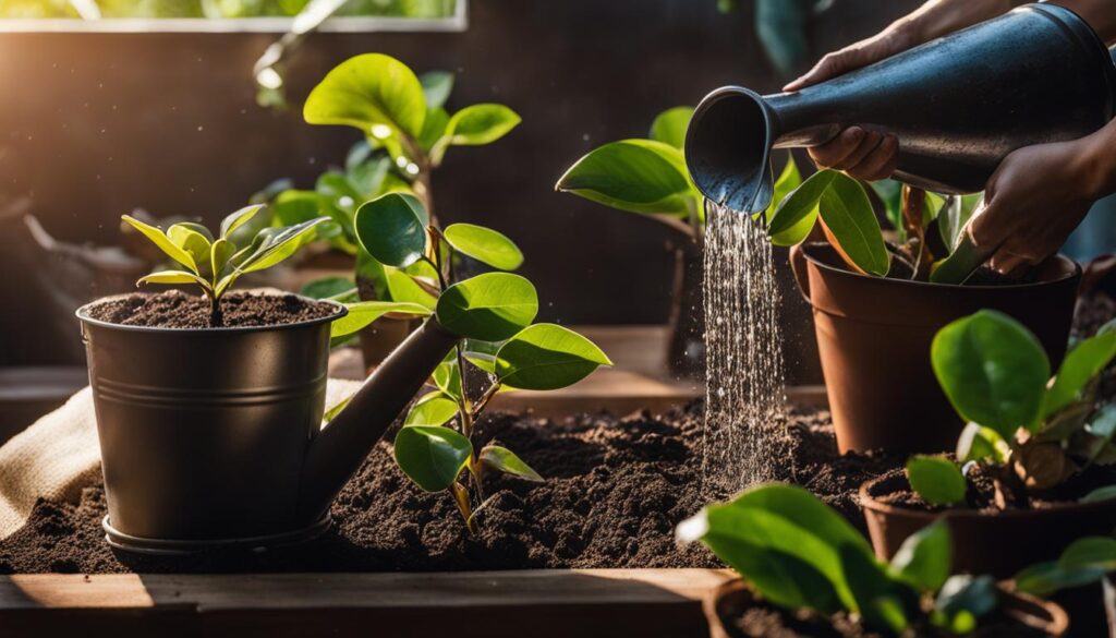 watering rubber plants